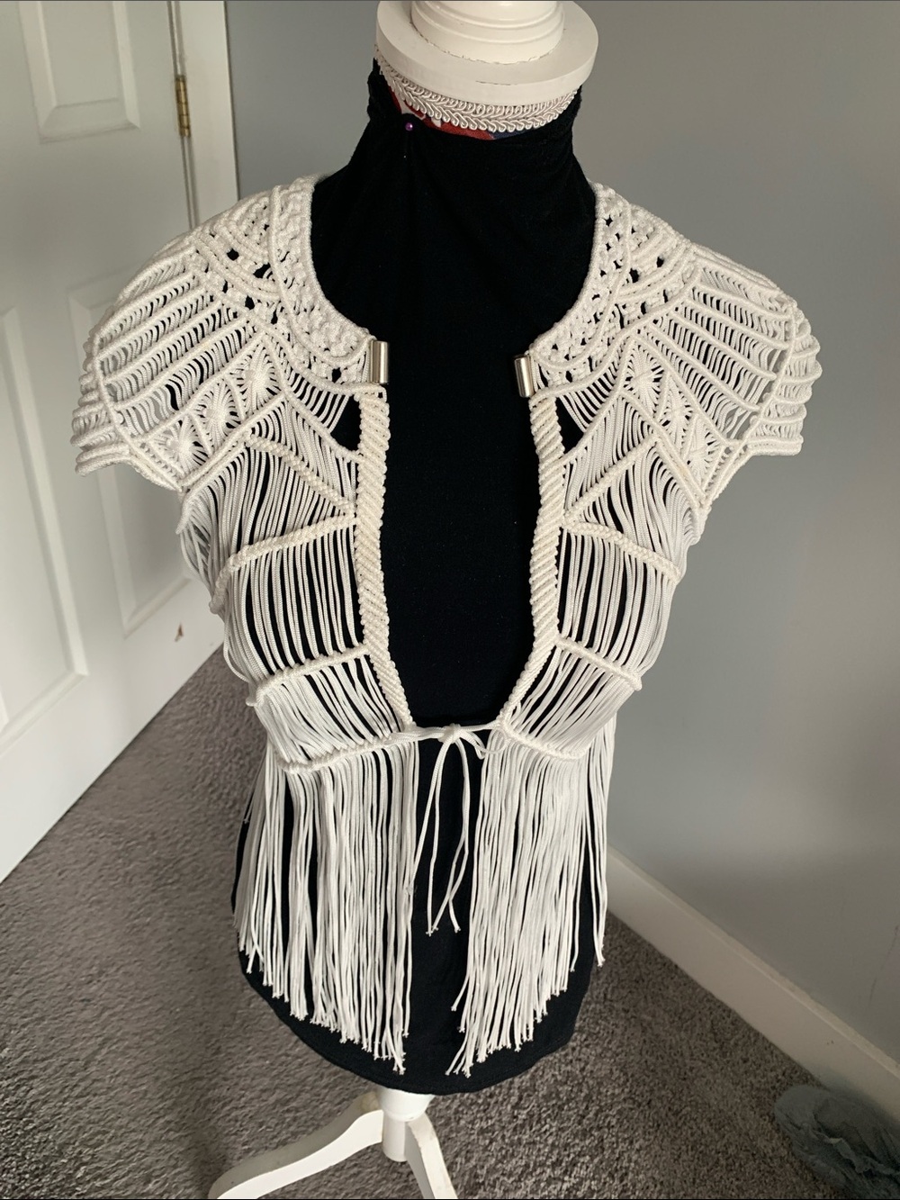 Women's White Crochet Fringe Open-Front Vest